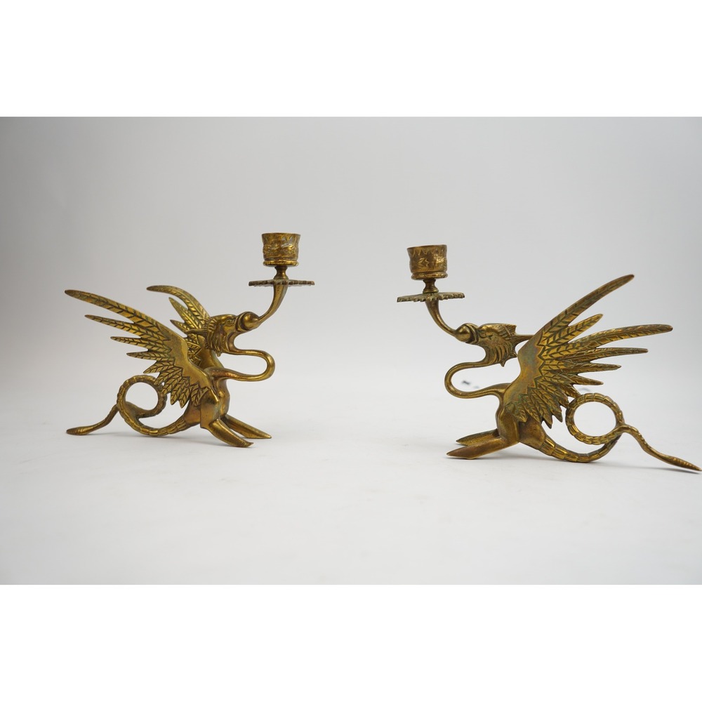 Vintage Brass Dragon Griffin Candle Holders Pair Mythical Winged Figures Good